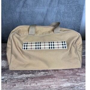 Vintage Promo Burberrys Perfumes Beige Travel Bag Plaid Accent Top Handle Duffel
